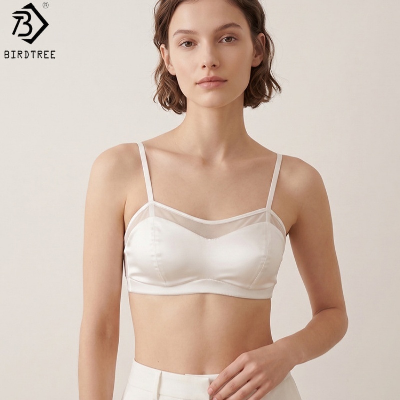 Sheer Mesh Bra - バードツリー、19MM 93%リアルシルク 7%スパンデックスブラ、女性用3/4カップメッシュ薄手サテンブラレット、2026年秋新作無地下着A68419JF