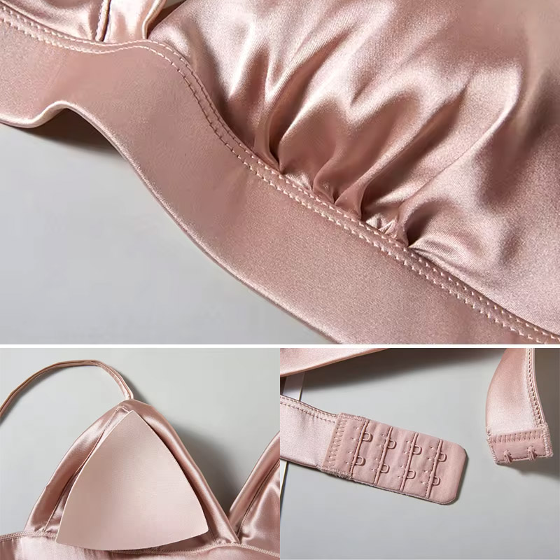 高級本物シルクサテンワイヤレス三角ブラ、細ストラップVネック - Sleep Bra Bralette のレビューと価格